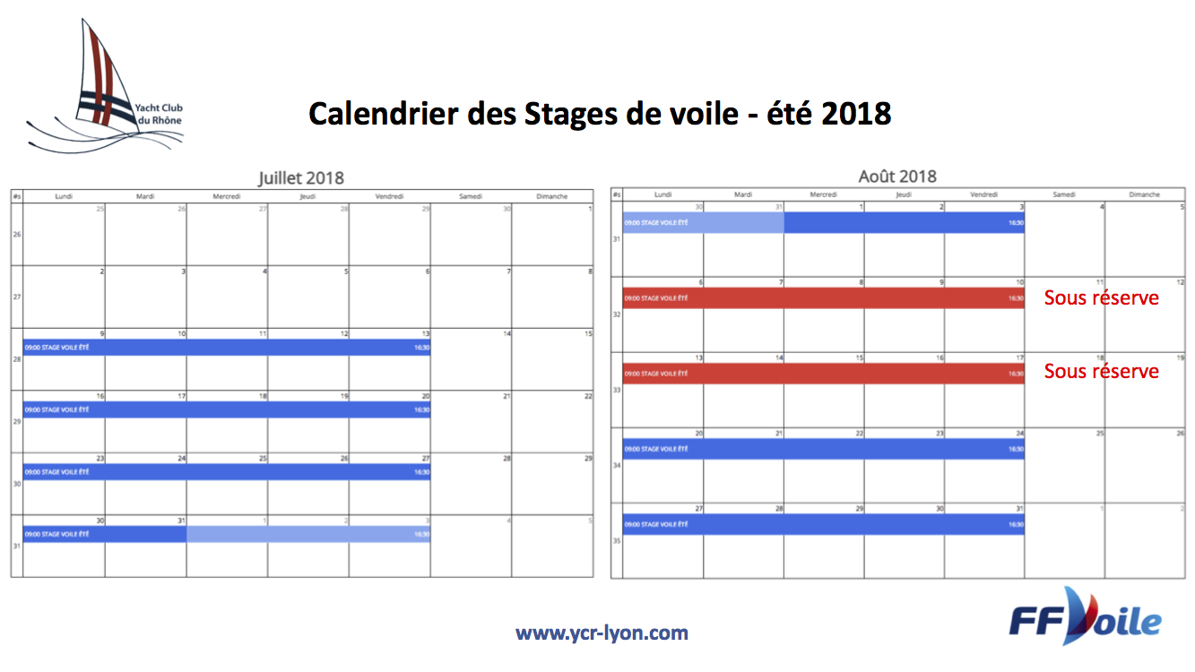 calendrier des stages de voile 2018 du Yacht Cub du Rhône